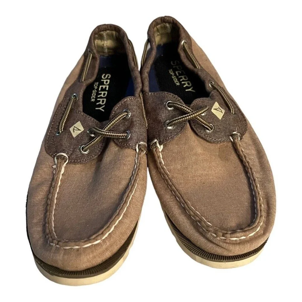 Sperry Men’s Top Siders Slip‎ On Boat Shoes Tan Canvas Leather Lace Up Size 8M